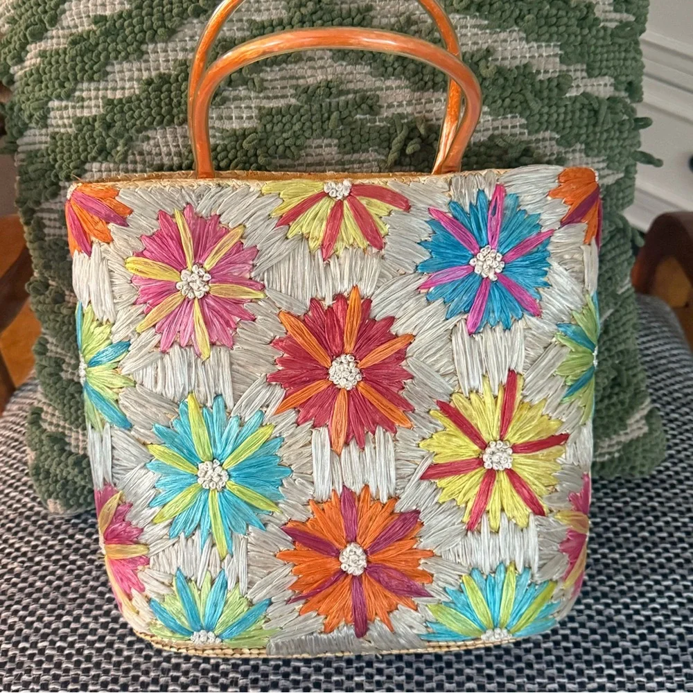 Colorful vintage Floral Straw Tote Bag with Orange Handles